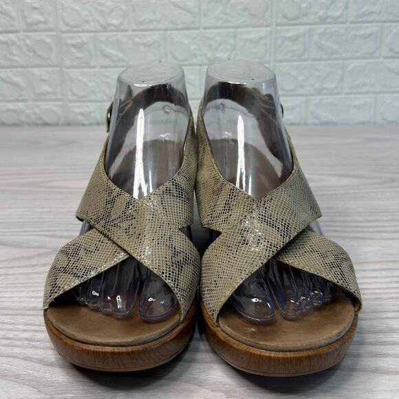 Dansko Jacinda Wedge Sandals WMNS 38 Taupe Snake Skin Crossover Strap Sling Back - Picture 3 of 13